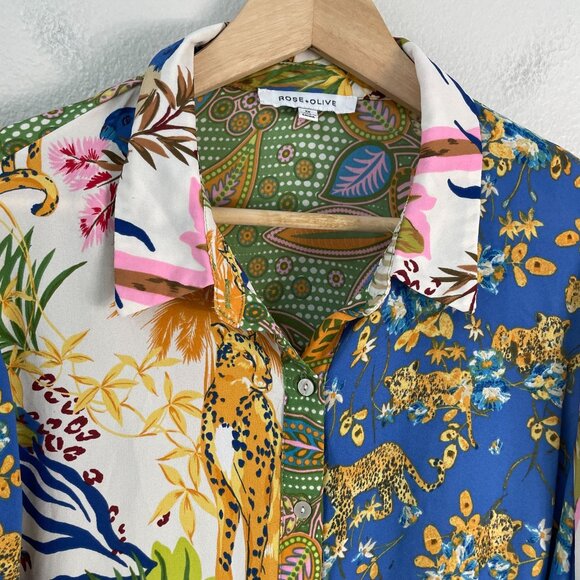 Rose + Olive Womens Plus 1X Tropical Leopard Animal Print Button Up Shirt Blouse - Picture 8 of 12